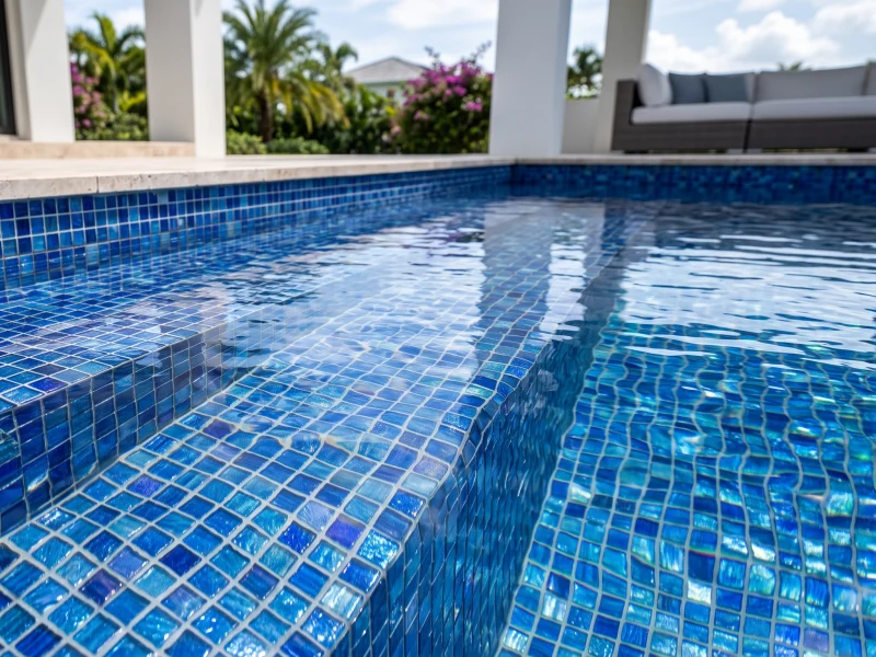 Swimming pool mosaic tile application